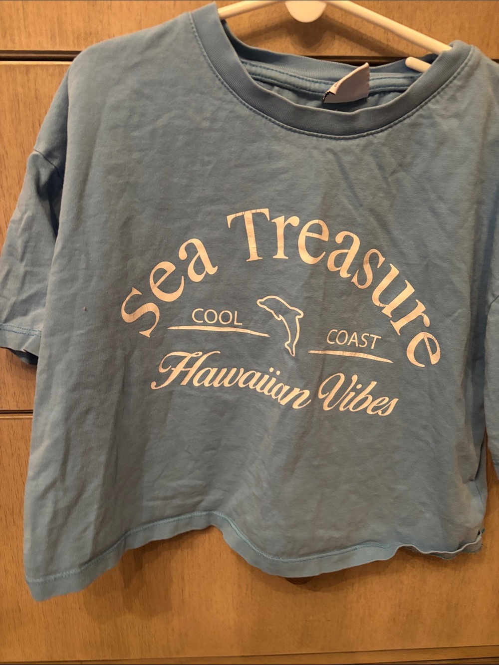 Zara Light Blue "Sea Treasure Hawaiian Vibes" Kids Cropped Tee size 9-10